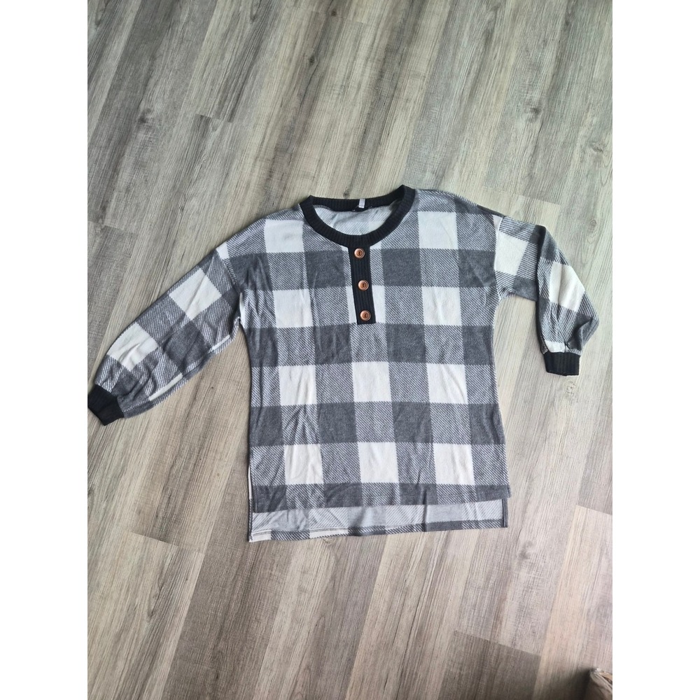 White Birch Grey White Buffalo Plaid Henley Oversized Brushed Fleece Top Small